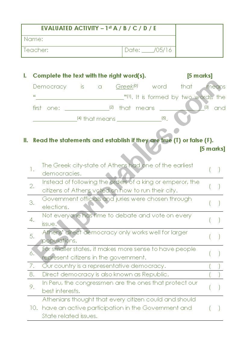 Democracy worksheet