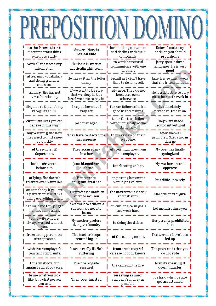 GRAMMAR REVISION - DOMINO - PREPOSITIONS 