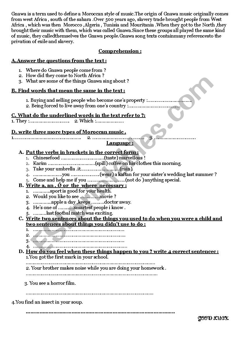 Gnawa music worksheet