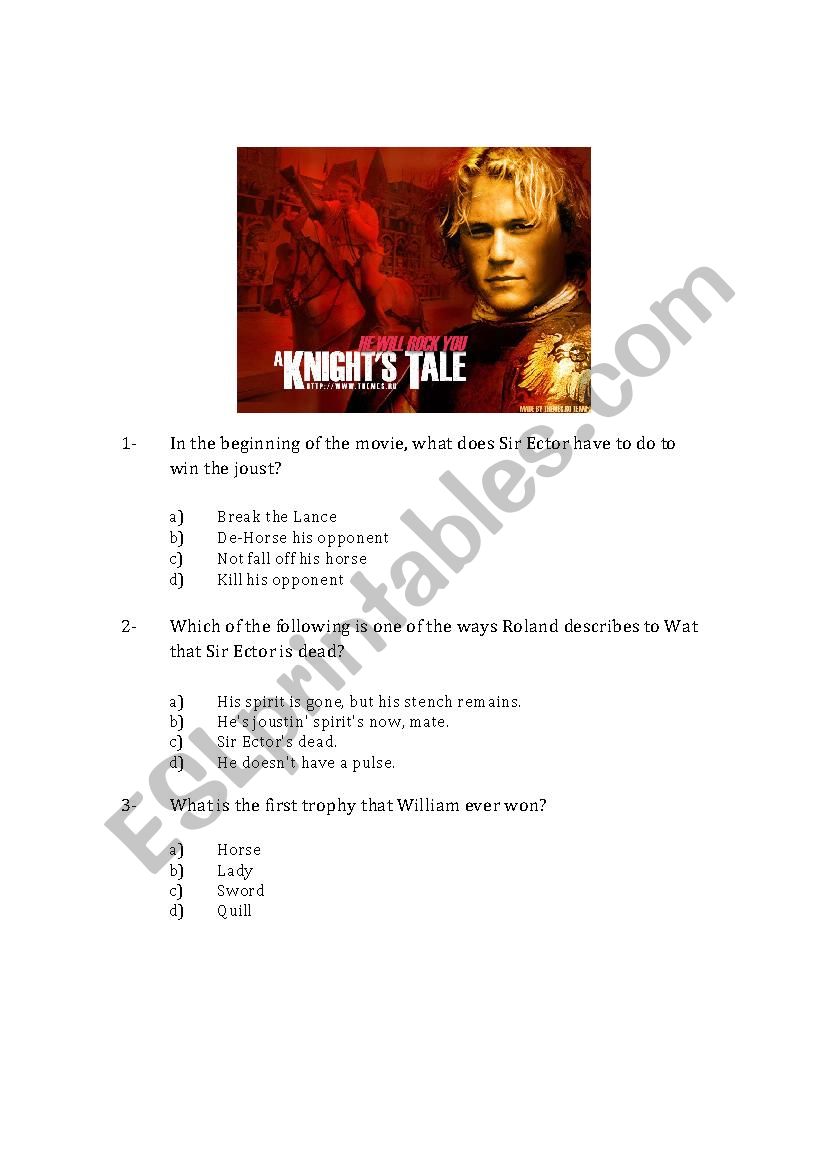 A knights tale worksheet