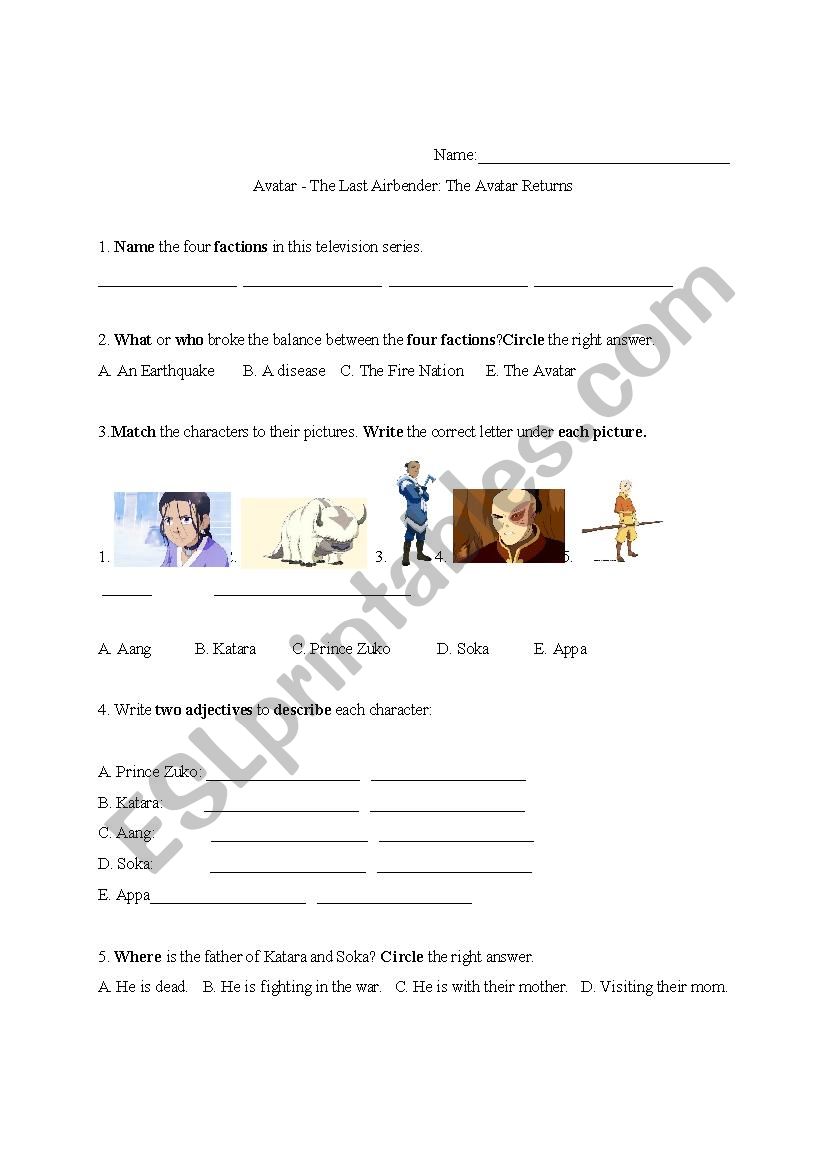 Avatar Season 1 Episode 1 worksheet