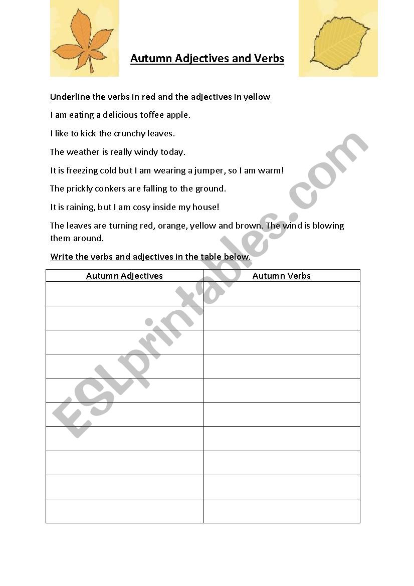 Autumn Adjectives and Verbs worksheet