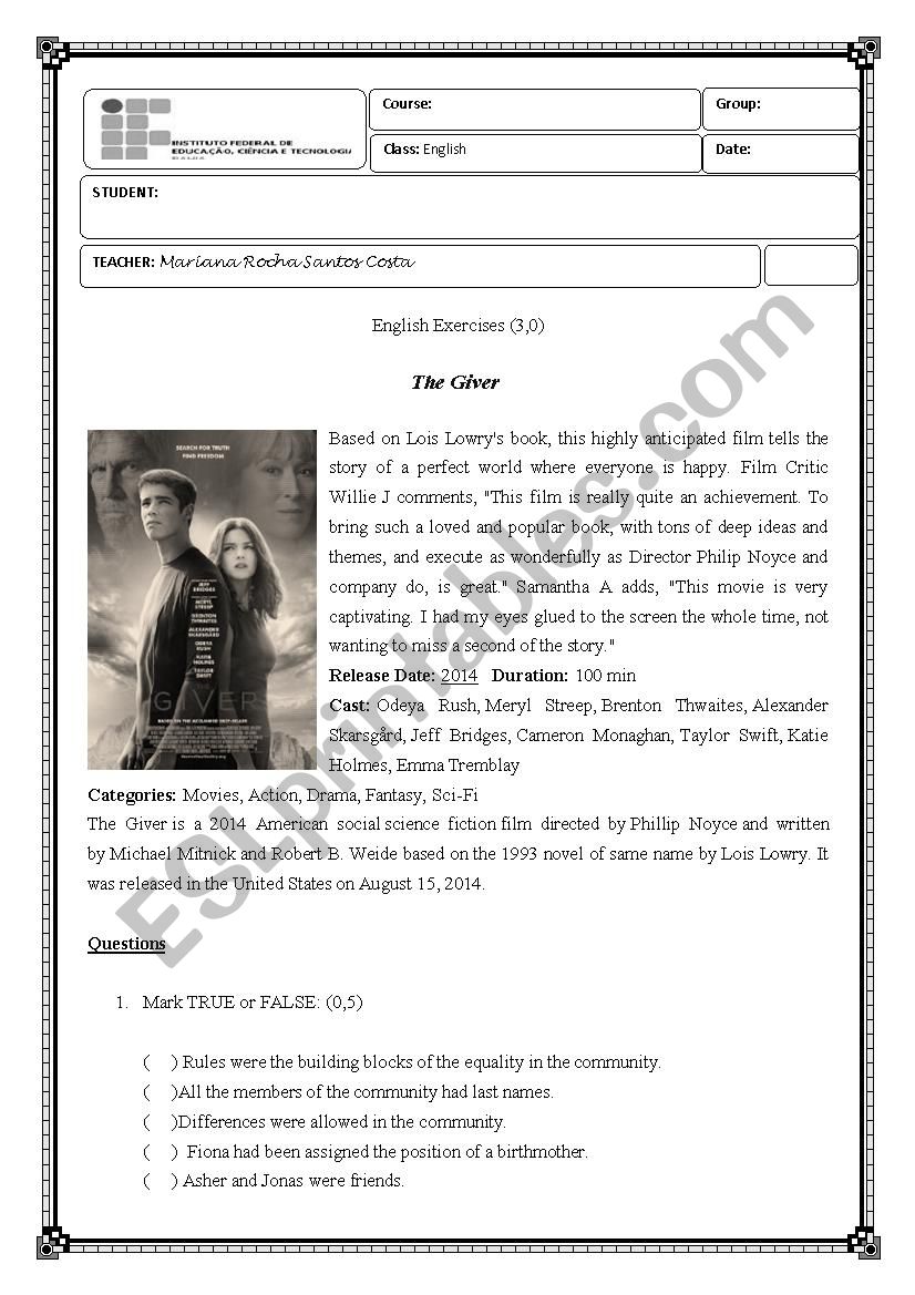 The Giver ESL worksheet by maryrochas