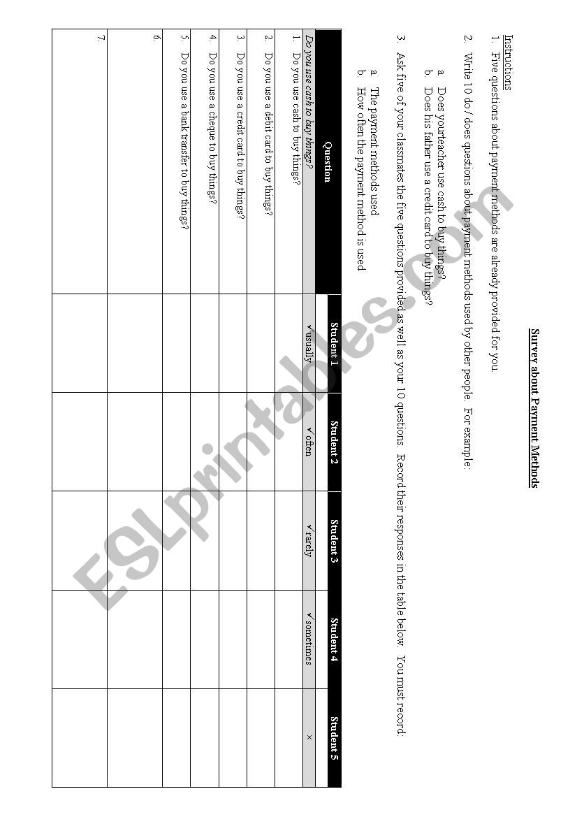 Survey about Payment Method worksheet