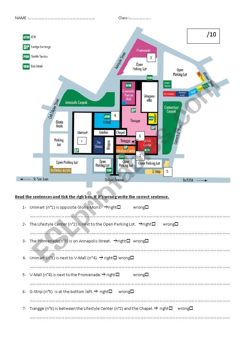 TEST prepositions of place worksheet