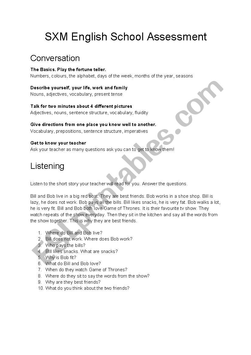 ESL Assessment Beginner worksheet