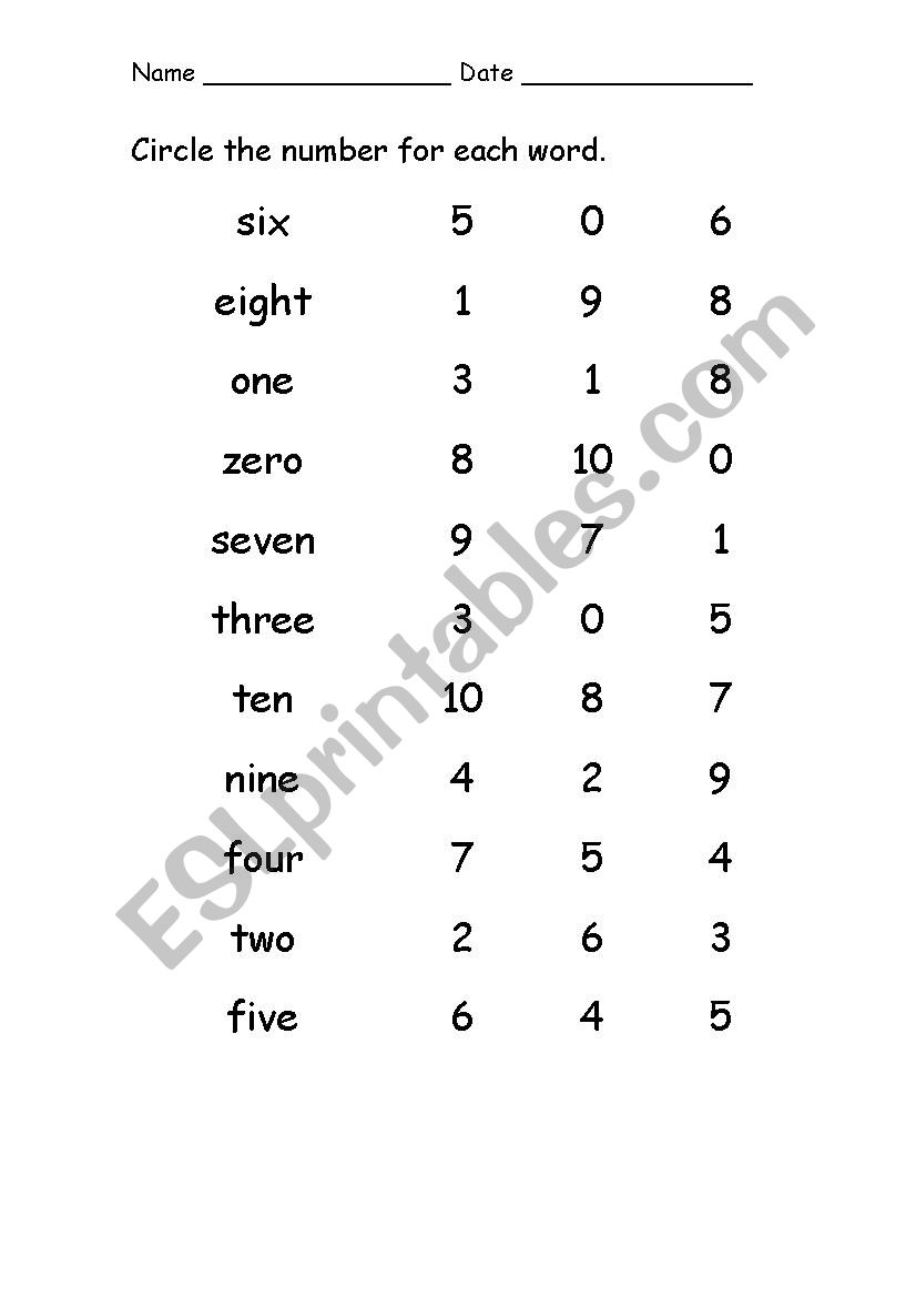 Number words 1-10 worksheet