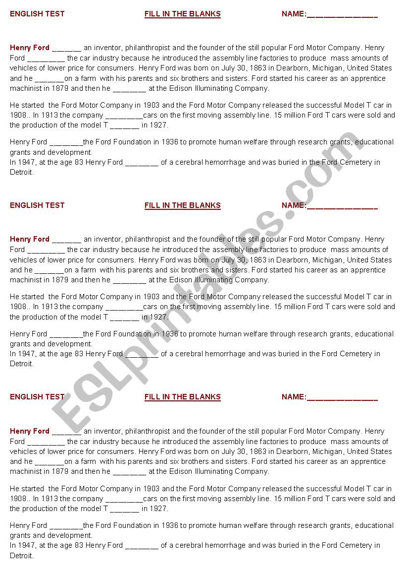 Henry Ford biography worksheet