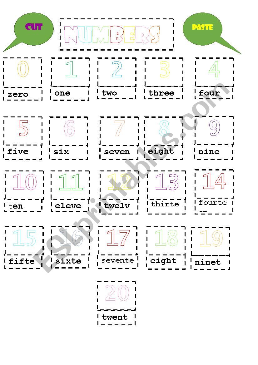 Numbers from 0 to 20 cut and paste activity