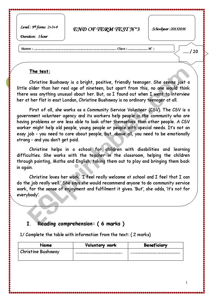 9th test worksheet