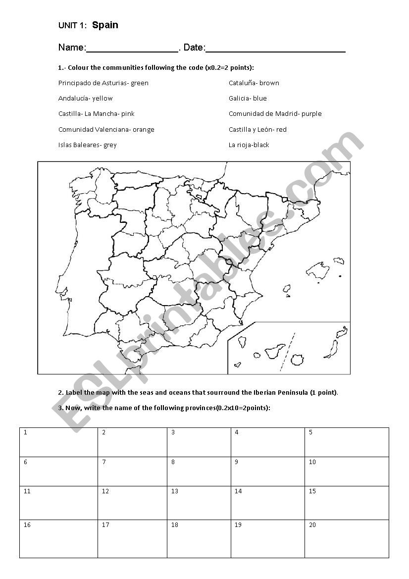 Spains political map test worksheet