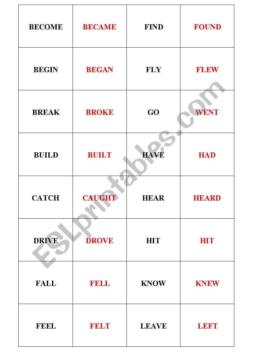 Irregular verbs memory 2 worksheet