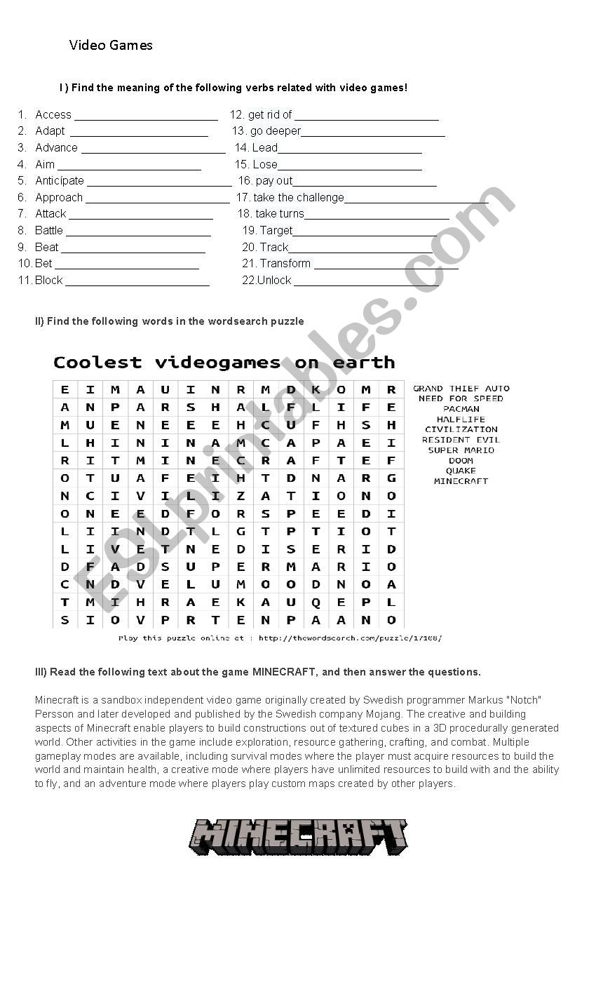 Video Games worksheet worksheet