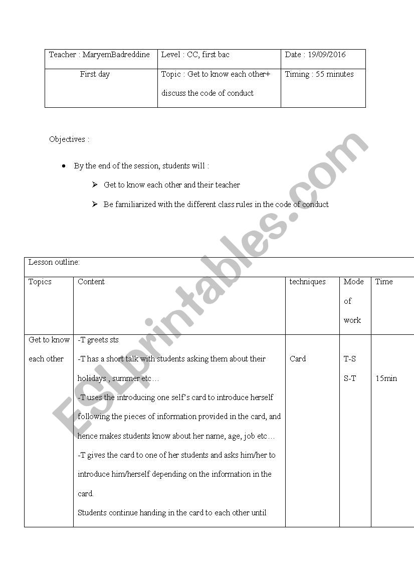 Code of conduct  worksheet