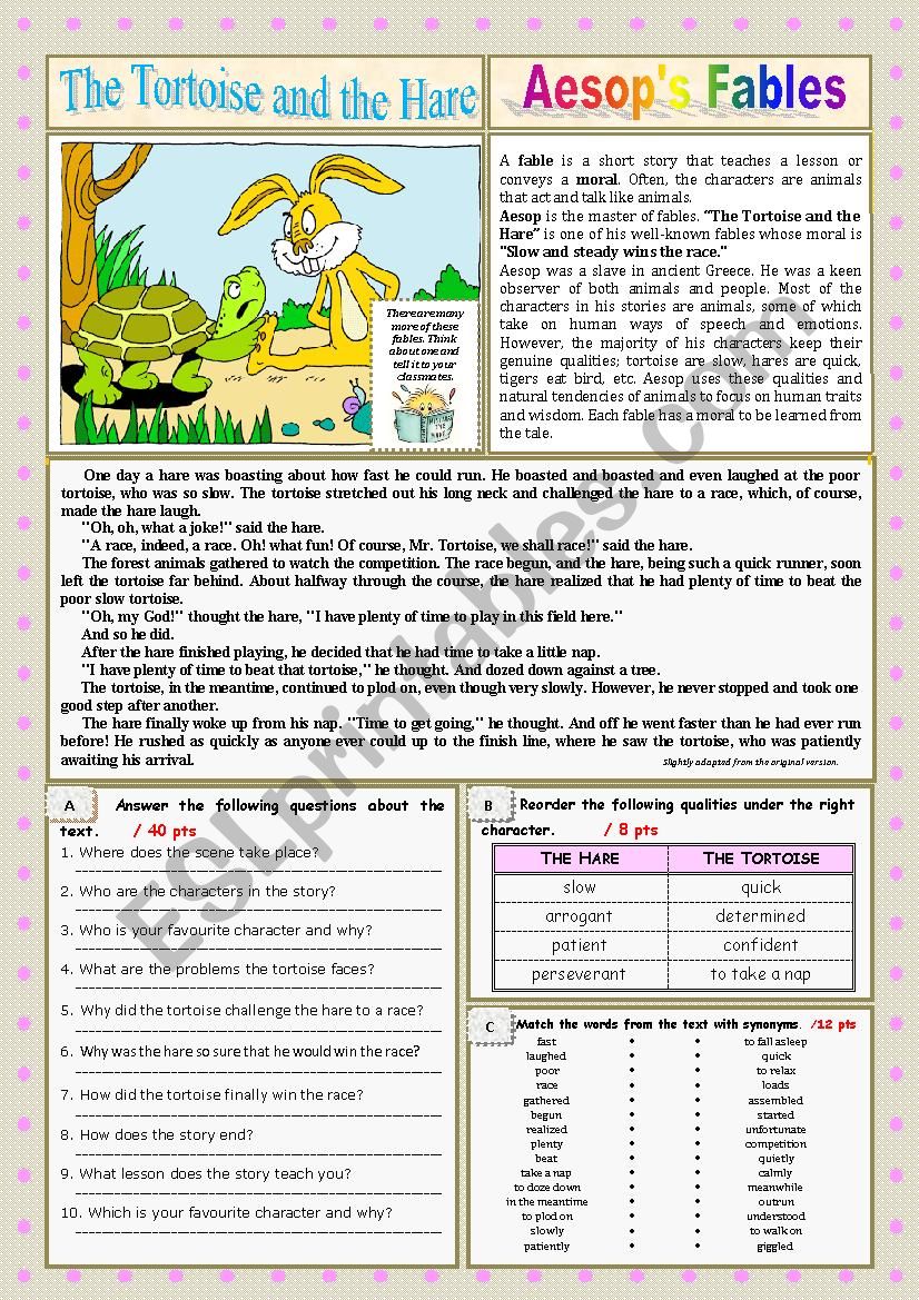 The tortoise and the hare. Reading + questions + KEY