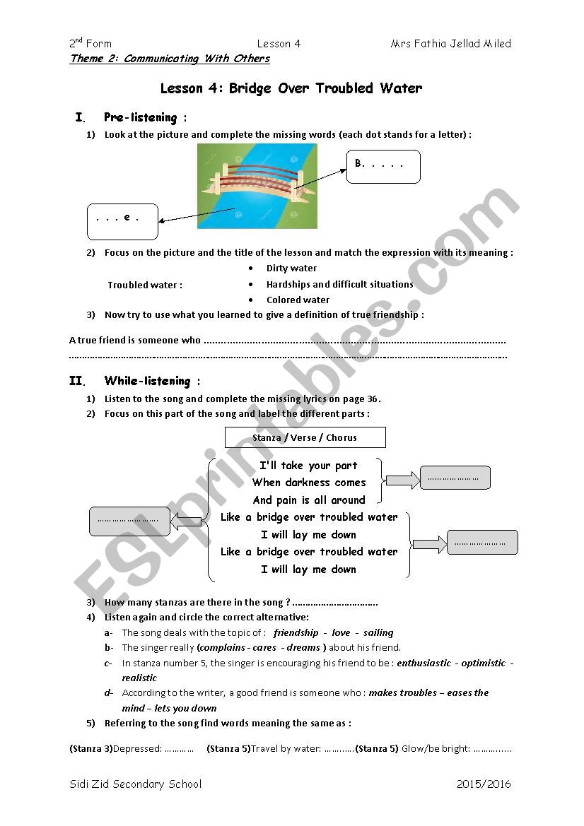 bridge over troubled water worksheet