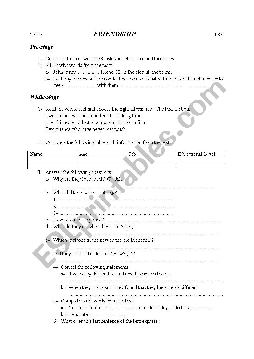 friendship  worksheet