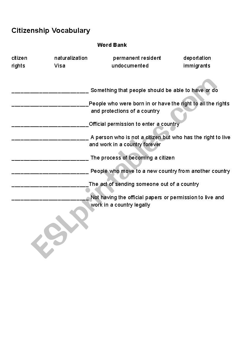 Citizenship Vocabulary worksheet
