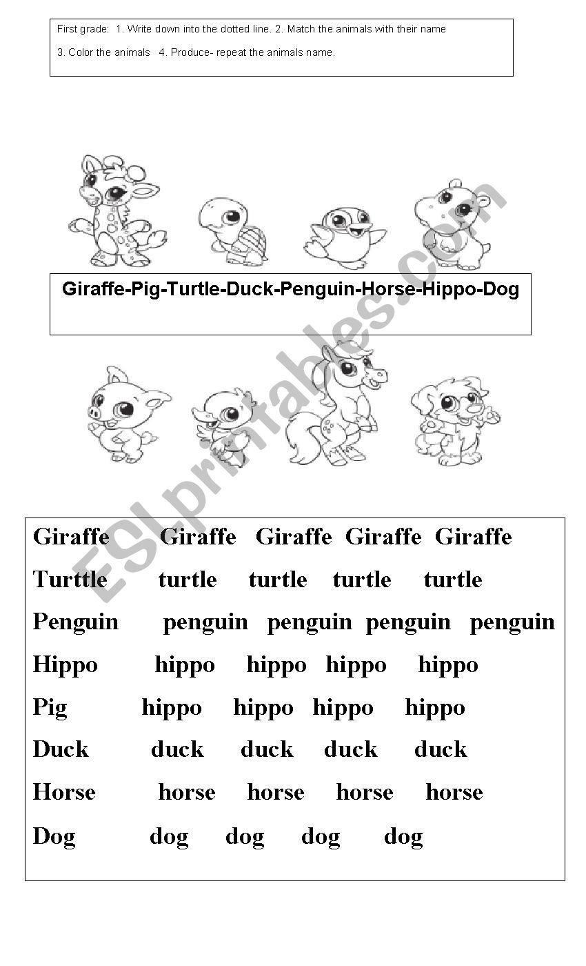 Animals for first grade worksheet