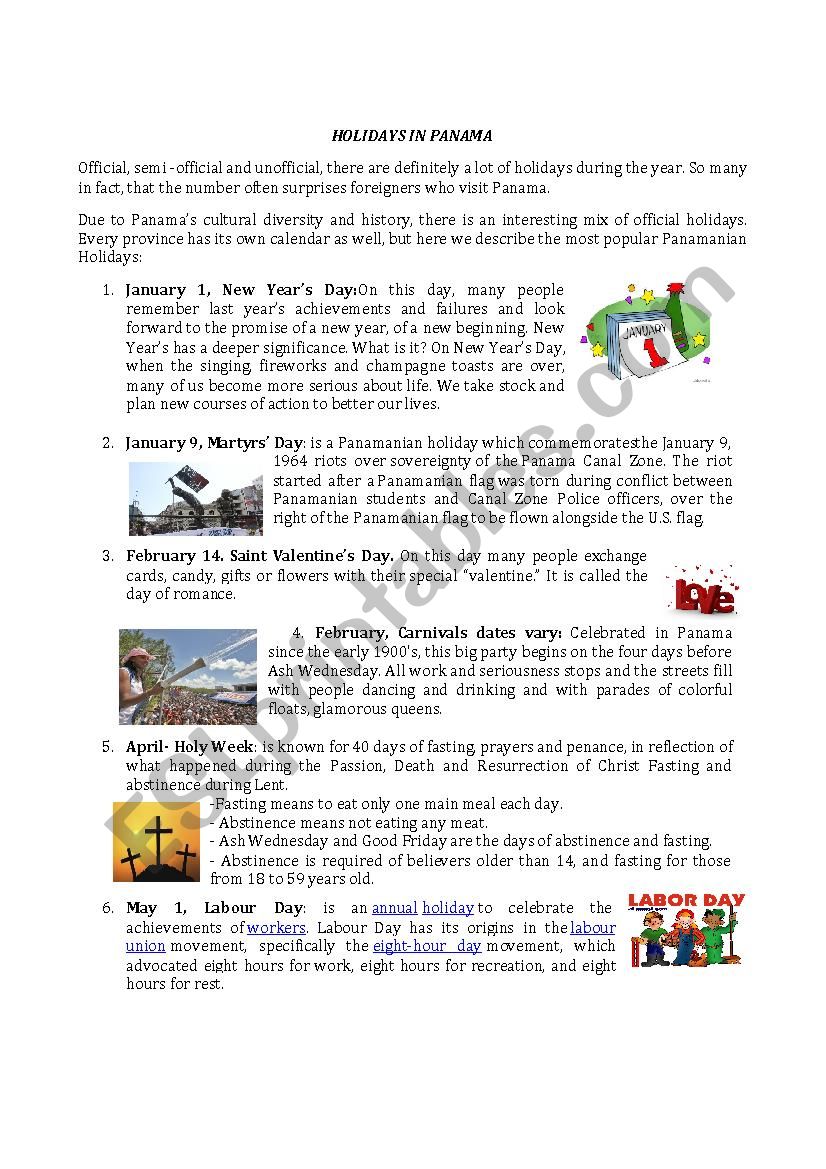 HOLIDAYS IN PANAMA worksheet