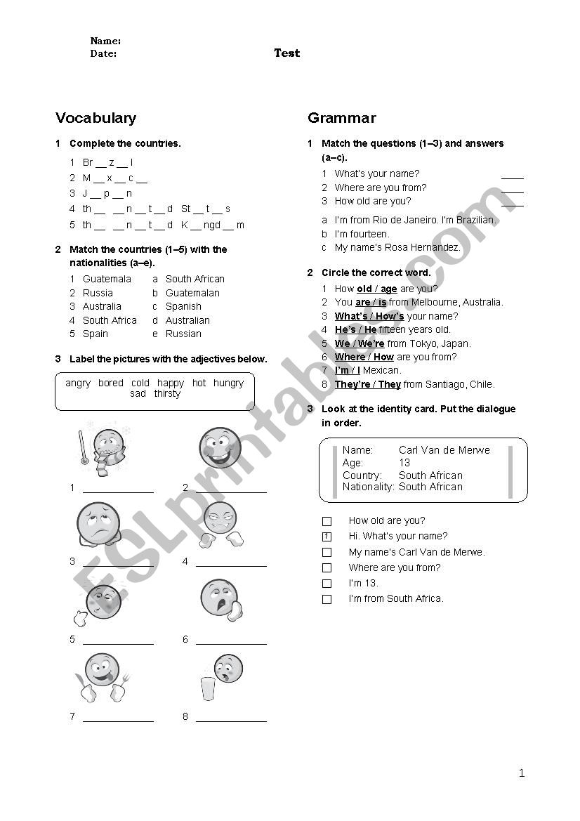 English Introductory Unit Test 2