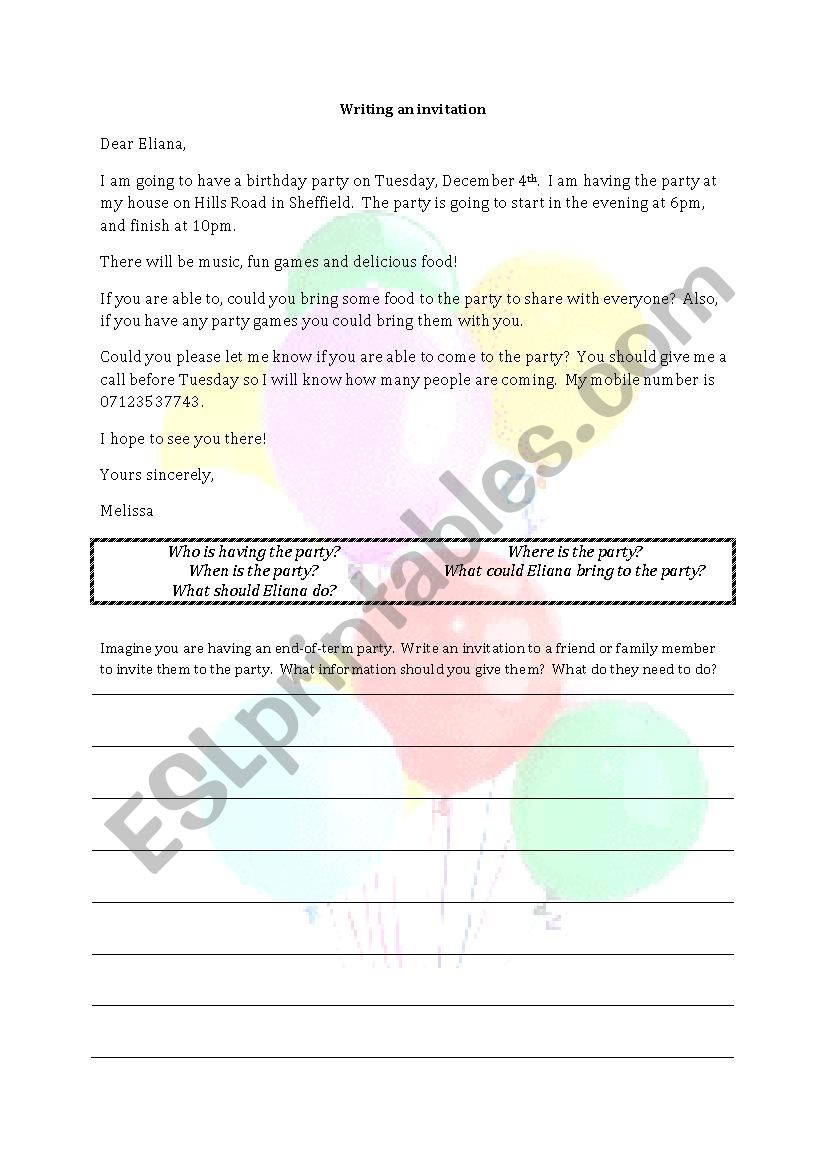 invitations worksheet