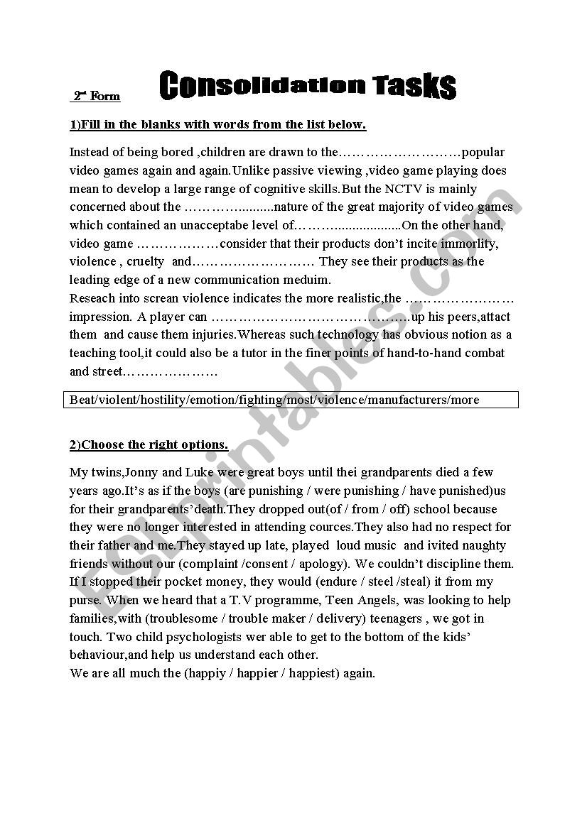 2ND FORM CONSOLIDATION TASKS worksheet