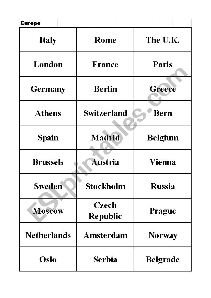 Countries and Capitals Matching Cards