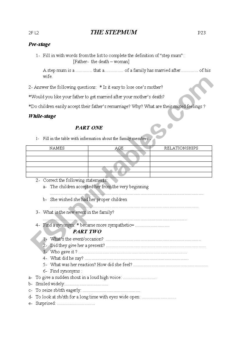 the stepmum worksheet