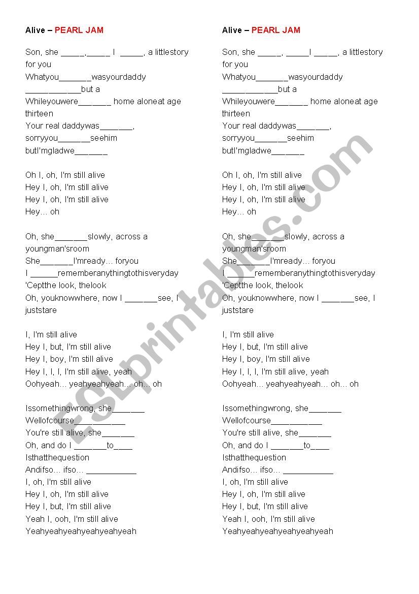 Alive - Pearl Jam worksheet