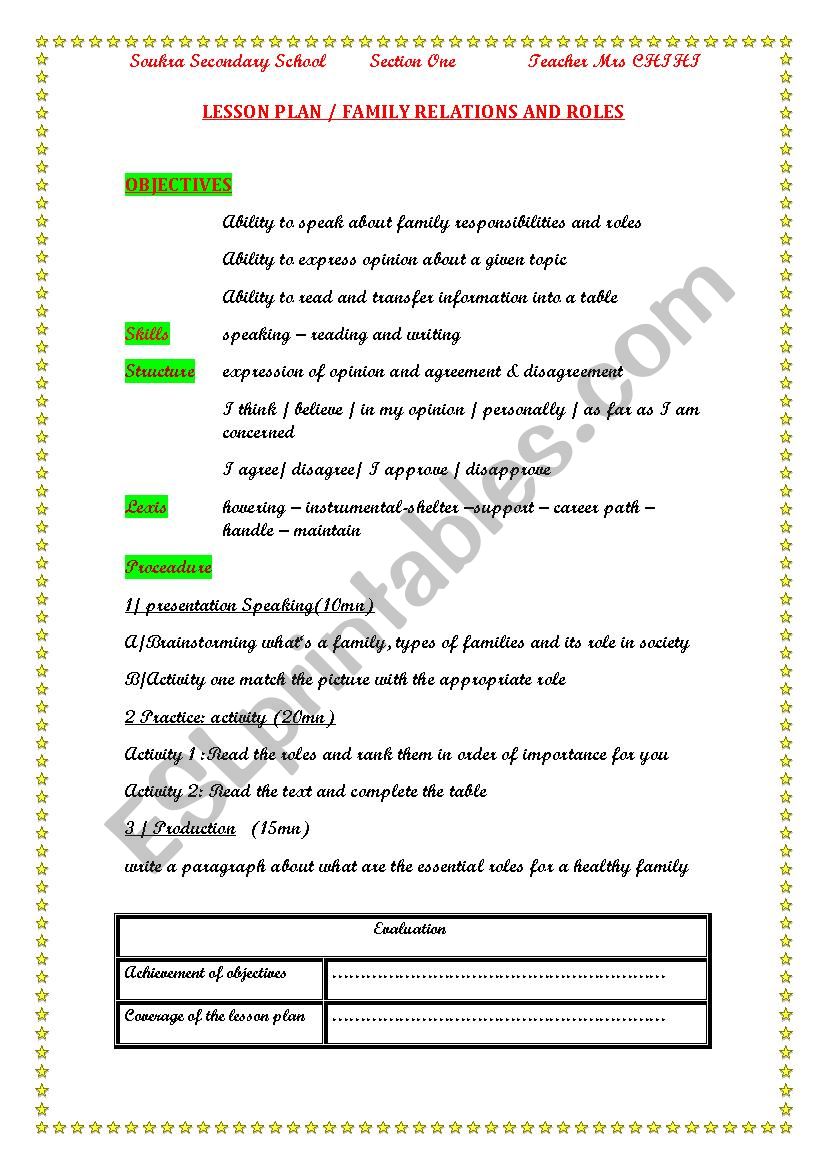 SCTION ONE family roles worksheet