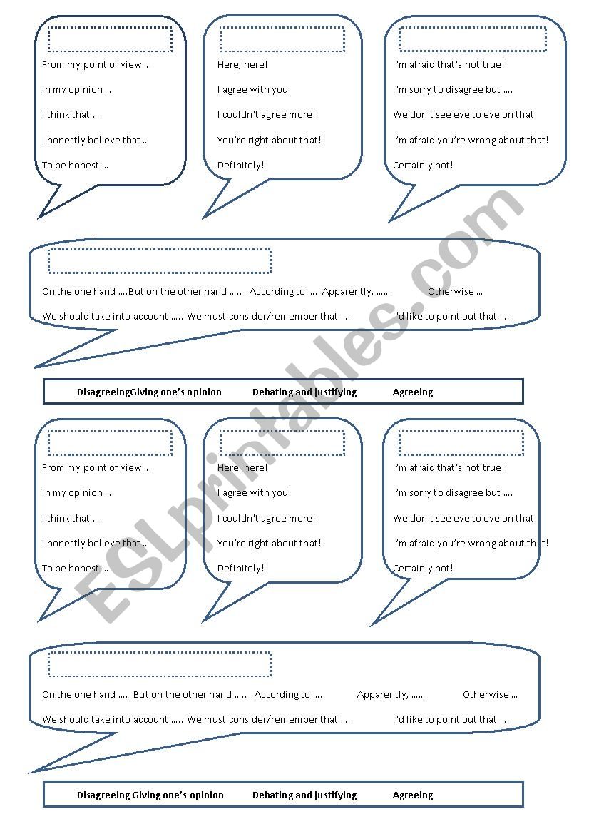 Agreeing, disagreeing and giving ones opinion