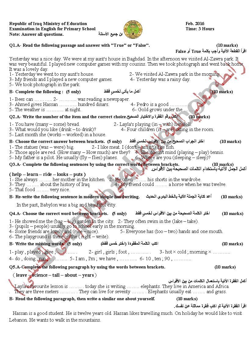 final year examination worksheet