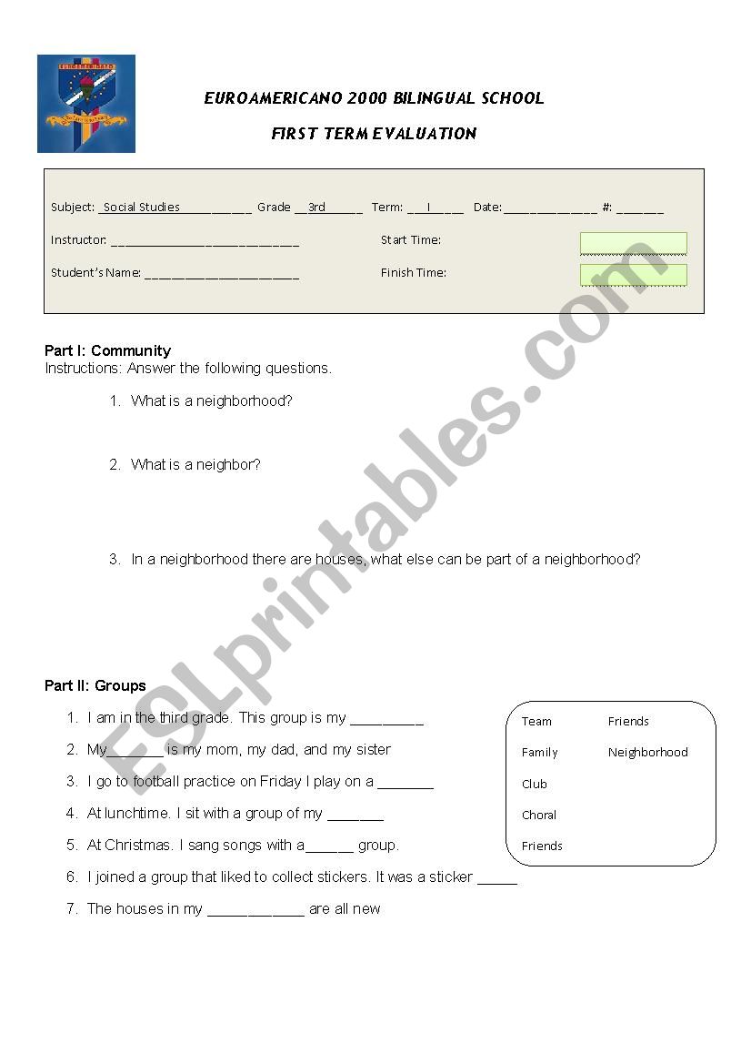 Social studies worksheet