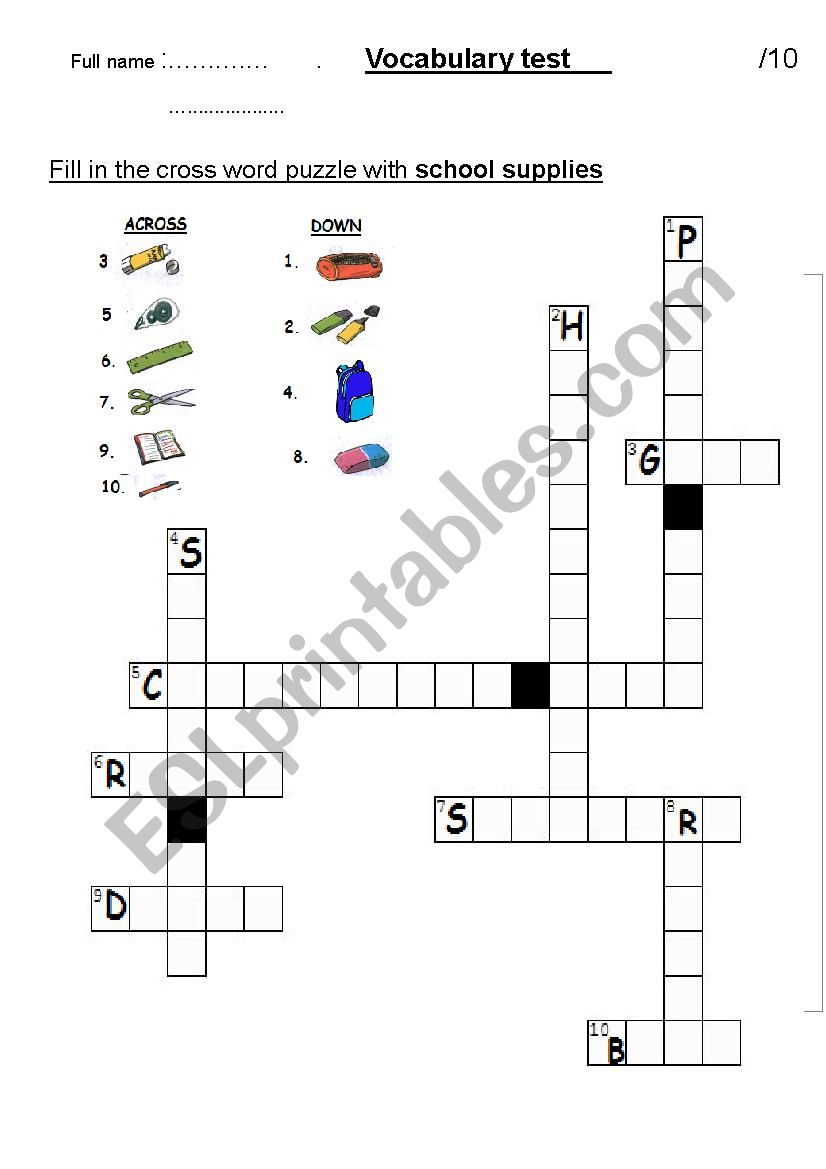 crossword school supplies worksheet