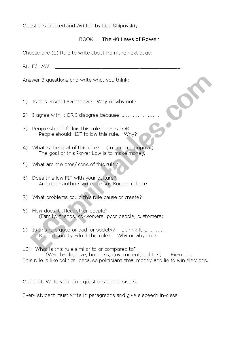 Laws of Power Questions  worksheet
