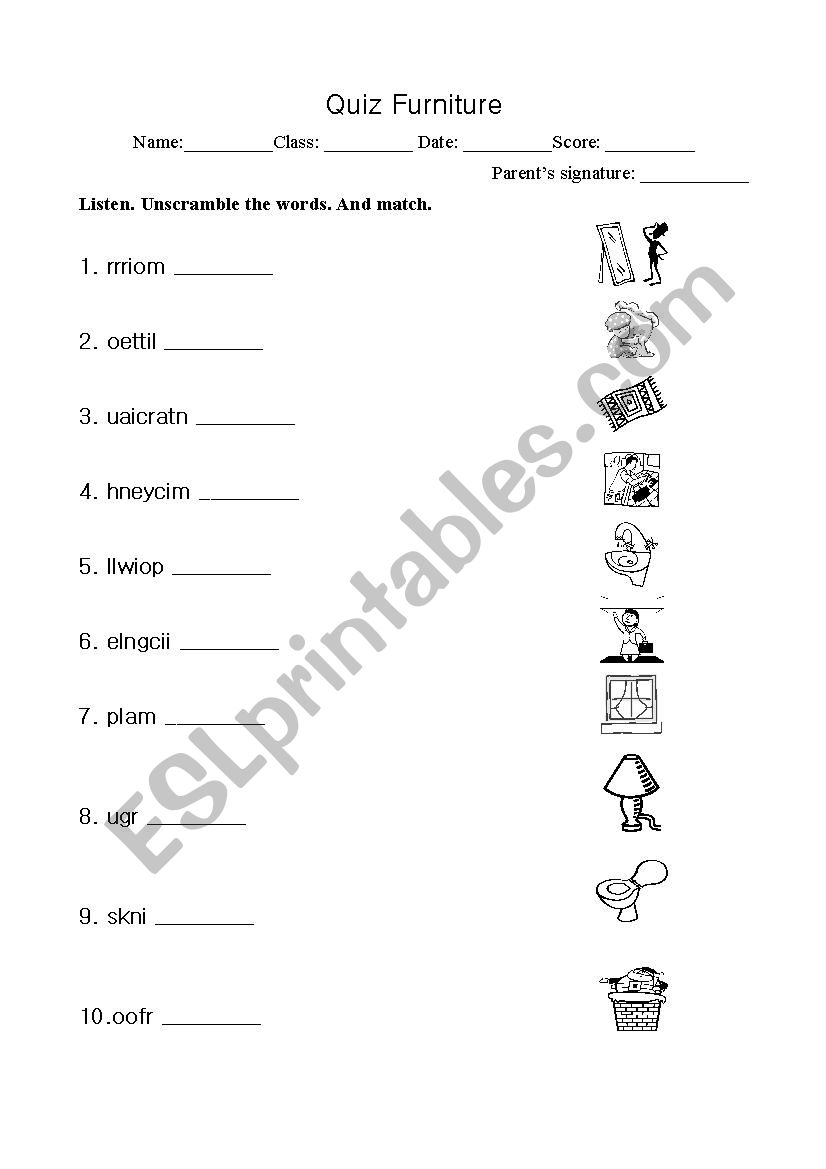 Furniture worksheet