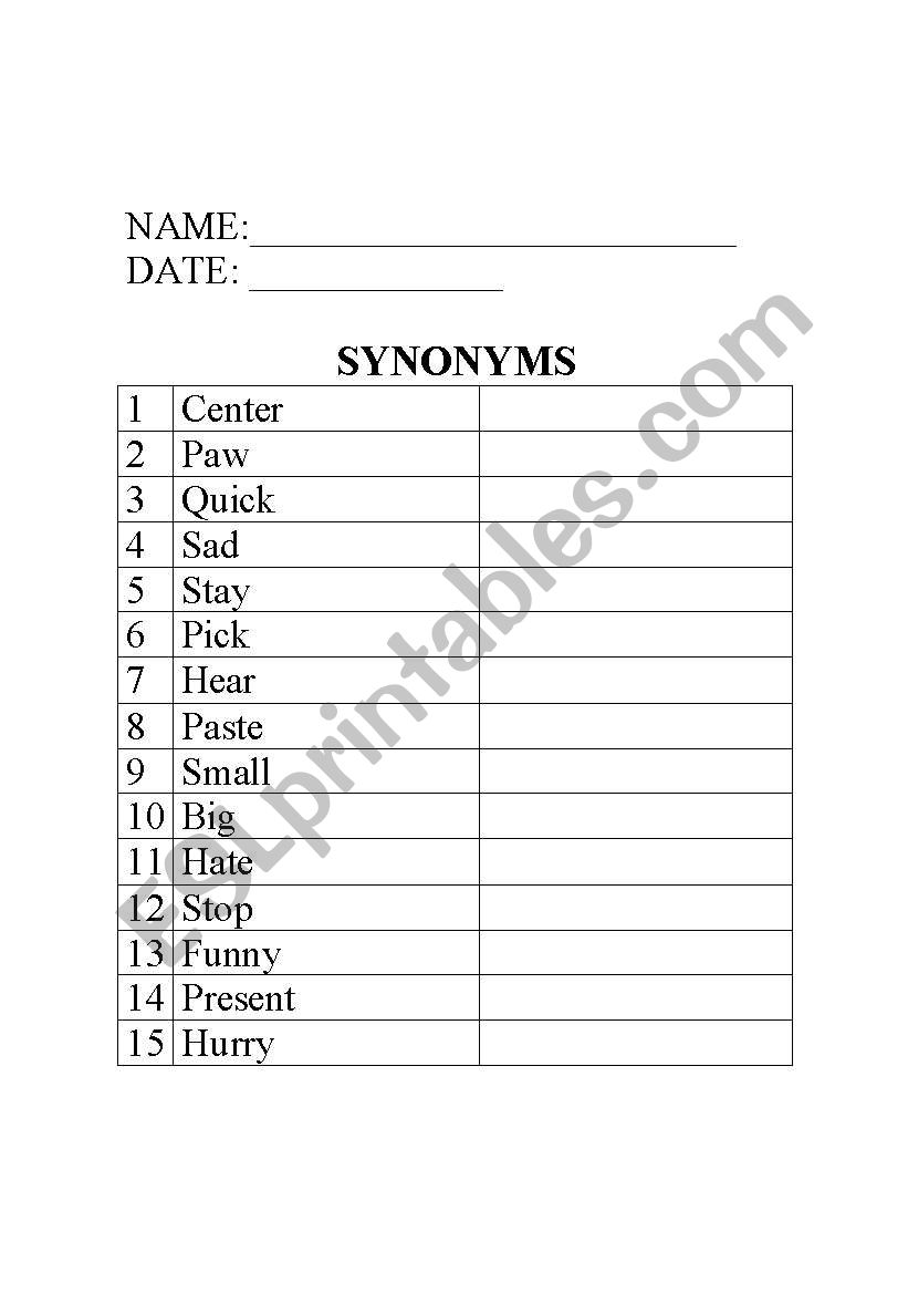 Synonyms worksheet