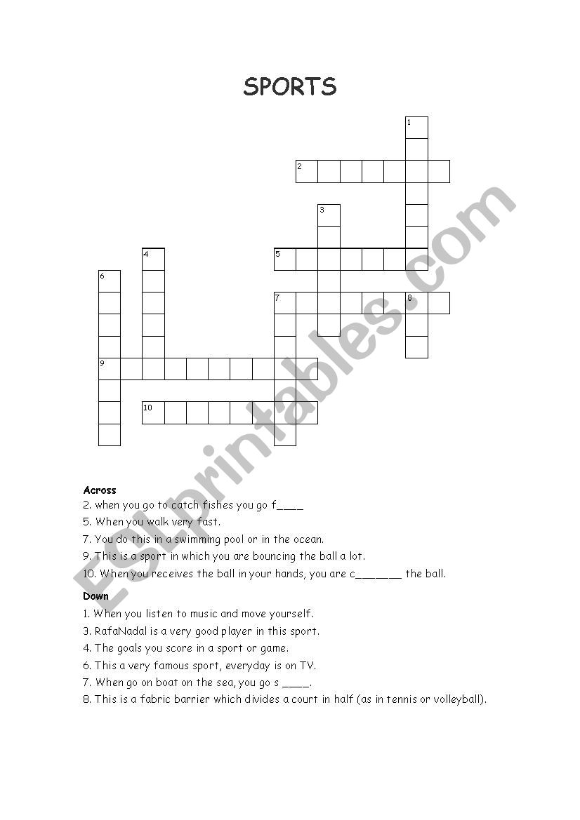 Crossword of sports worksheet