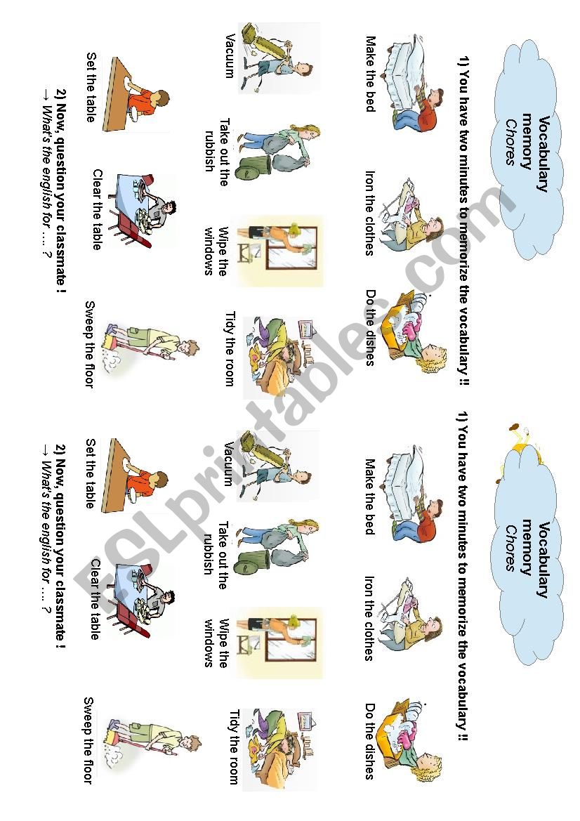 vocabulary chores memory game worksheet