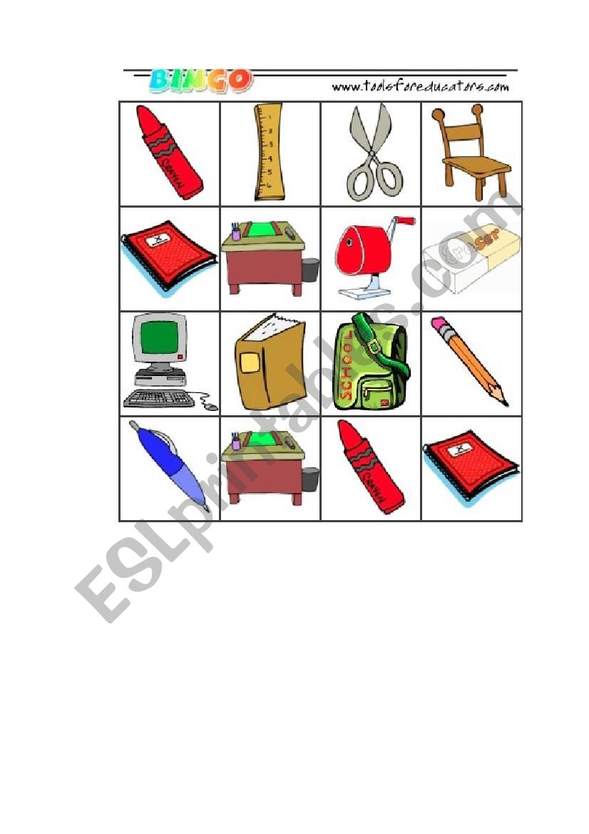 Bingo Classroom Items worksheet