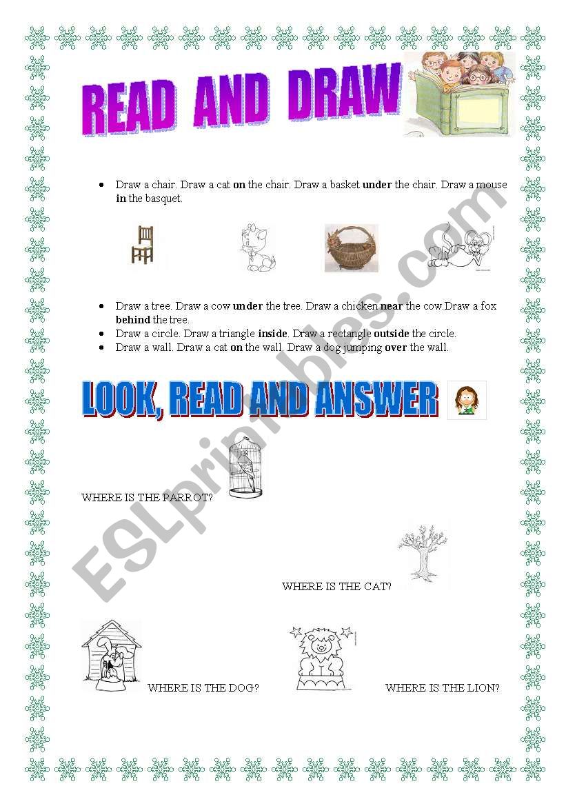 PREPOSITIONS: READ AND DRAW worksheet