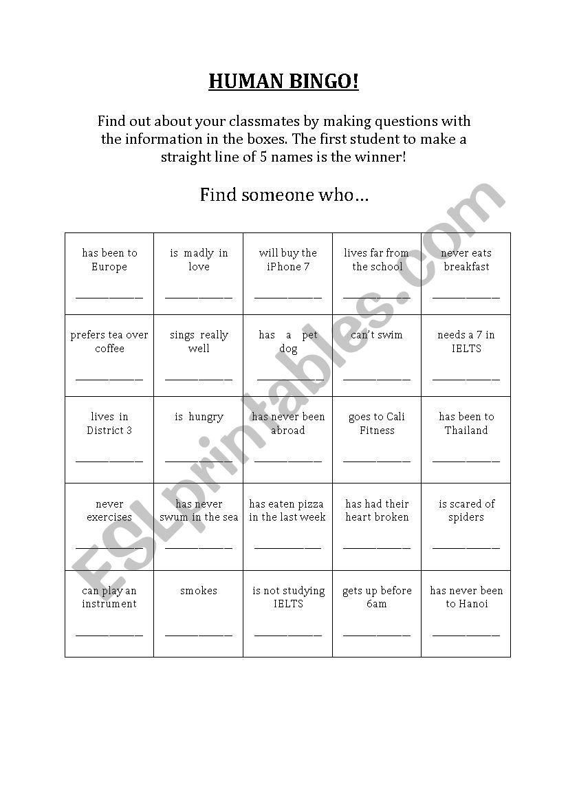 Human Bingo worksheet