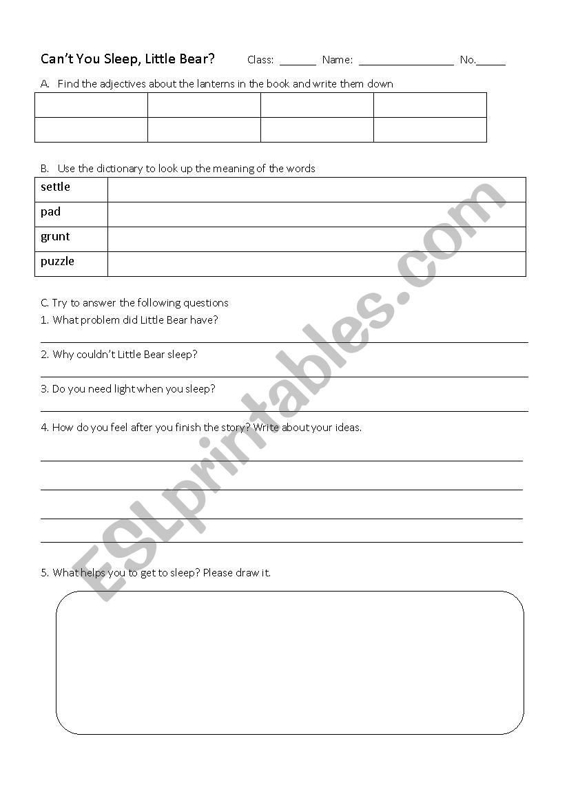 cant you sleep little bear worksheet