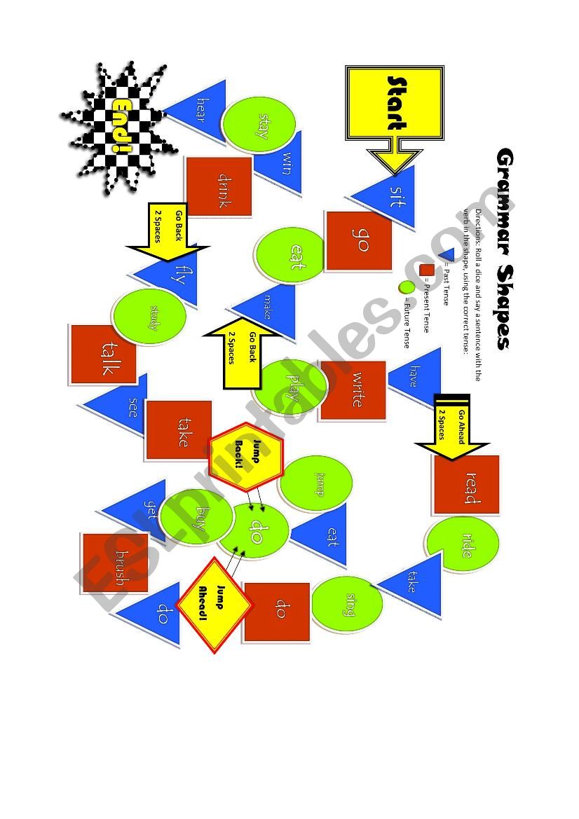 Grammar/Verbs Boardgame: PAST, PRESENT, FUTURE + Shapes