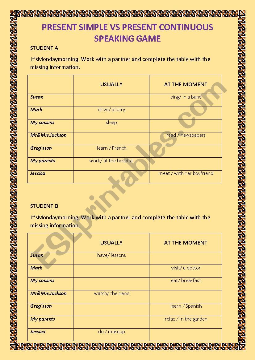 Present Simple vs Present Continuous (speaking game)