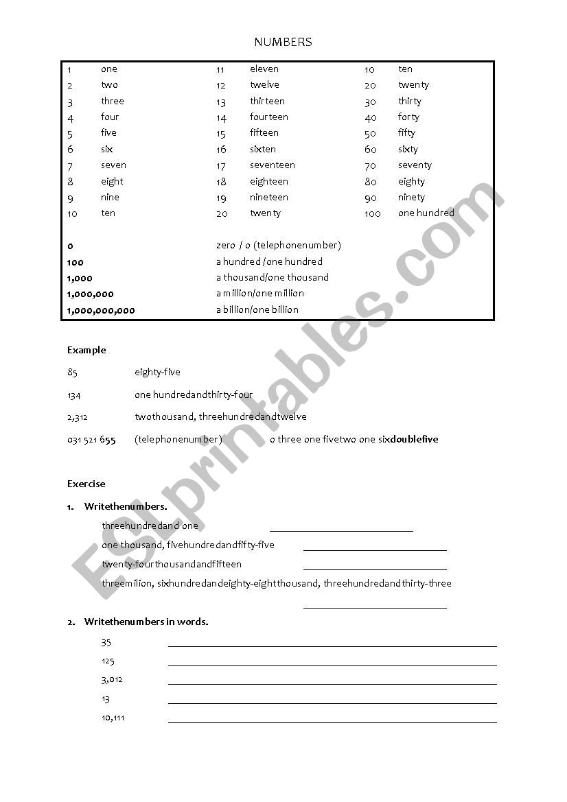 Dates and numbers worksheet