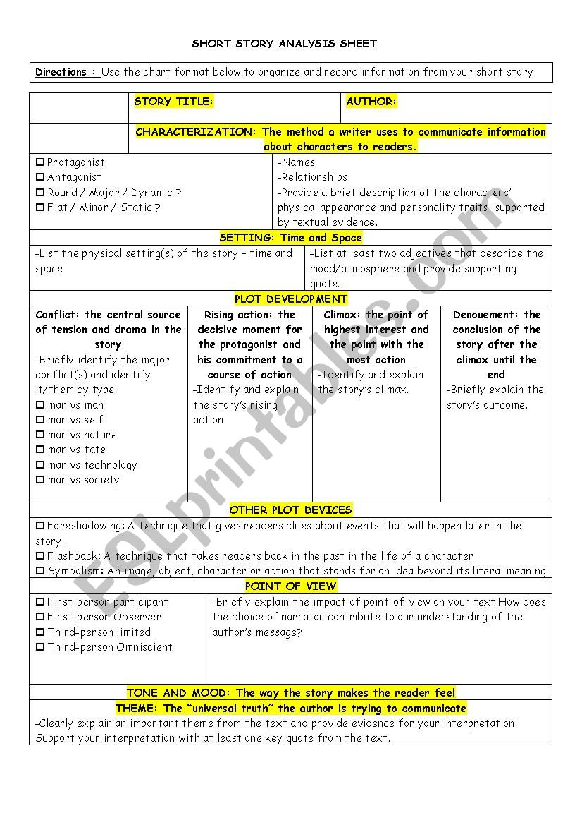 Short Story Analysis Chart