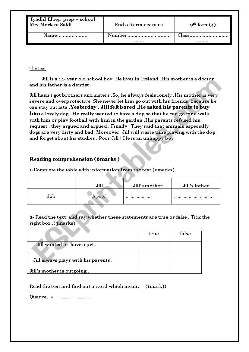 9th form exam worksheet