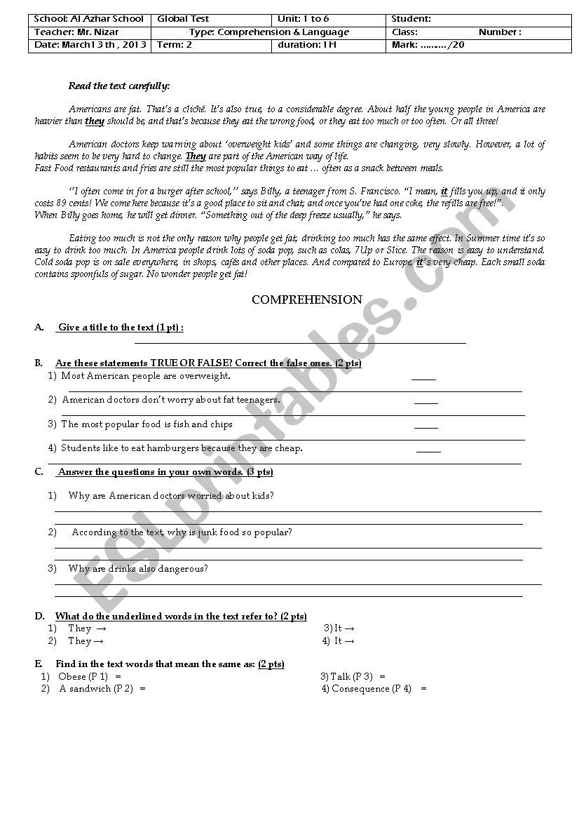 Global Test worksheet